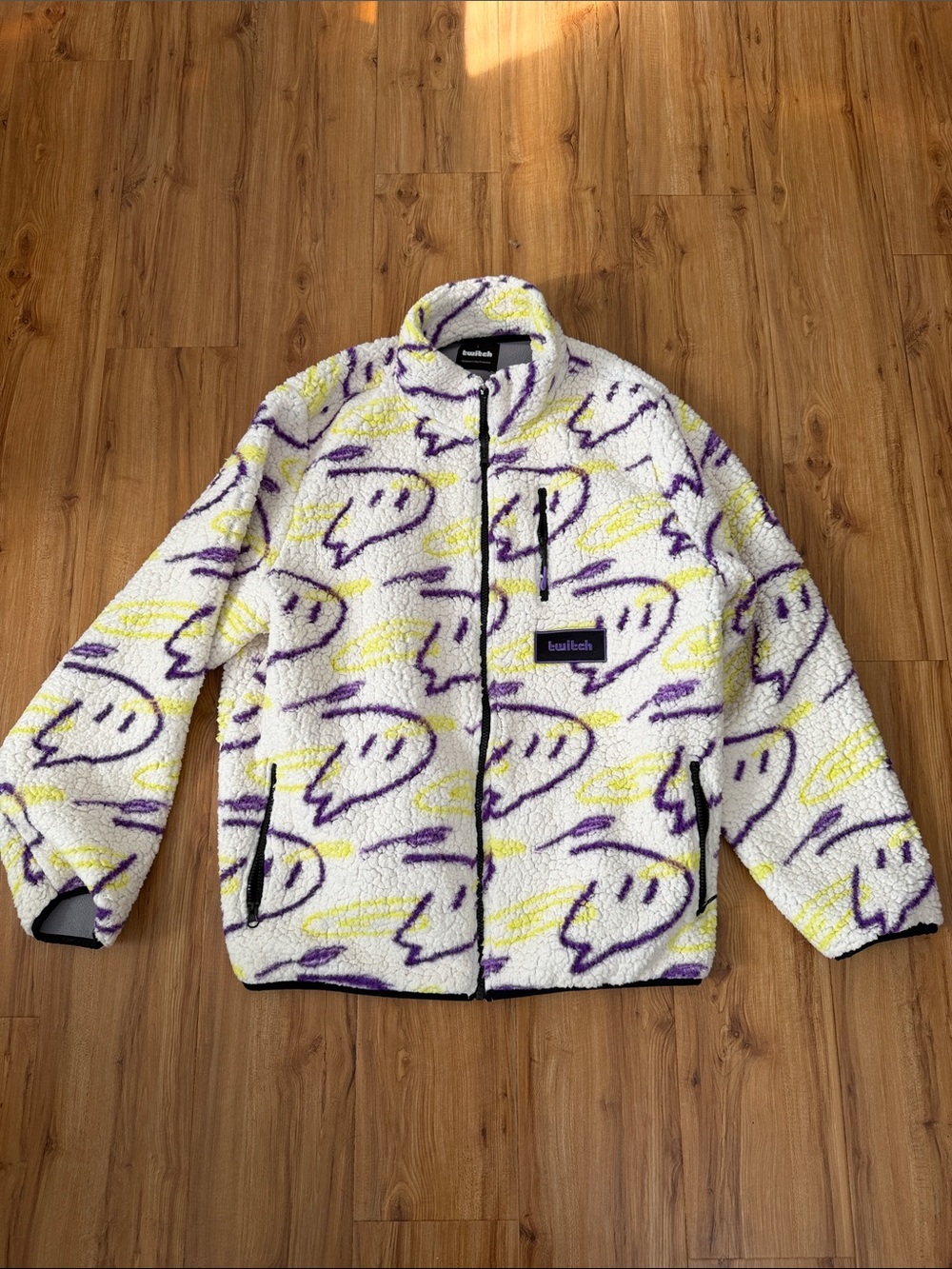 Twitch Sherpa Zip-Up Jacket - White with Purple & Yellow Print